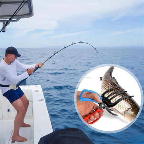 Angler fishing in ocean with inset of Two Pack 3 Claw Metal Fish Gripper Pliers Set For Freshwater Fishing gripping fish