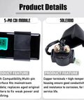 Image showing 5-Pin CDI Module and Solenoid from Beefed Up Ignition Coil 5 Pin CDI Box Solenoid Relay Voltage Regulator With Spark Plug Set For 50cc 70cc 90cc 110cc 125cc ATVs Dirt Bikes Go Kart Mopeds Scooters.