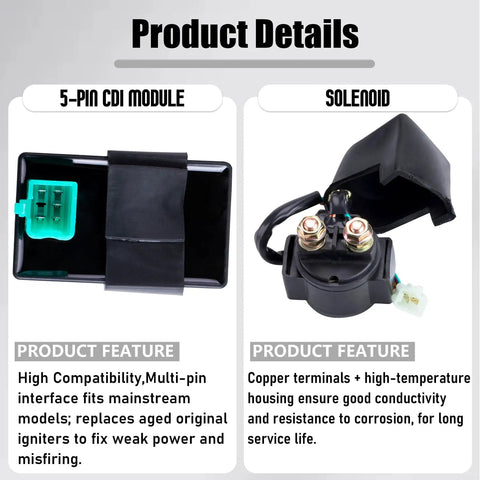 Image showing 5-Pin CDI Module and Solenoid from Beefed Up Ignition Coil 5 Pin CDI Box Solenoid Relay Voltage Regulator With Spark Plug Set For 50cc 70cc 90cc 110cc 125cc ATVs Dirt Bikes Go Kart Mopeds Scooters.