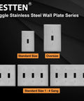 Toggle Switch Metal Wall Plate 1 Gang Stainless Steel Light Switch Cover Brushed Finish Industrial Grade Corrosion Resistant Standard Size 10 Pack Silver, various sizes displayed