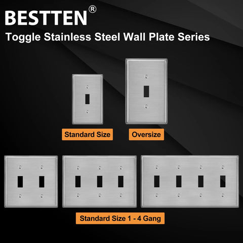 Toggle Switch Metal Wall Plate 1 Gang Stainless Steel Light Switch Cover Brushed Finish Industrial Grade Corrosion Resistant Standard Size 10 Pack Silver, various sizes displayed