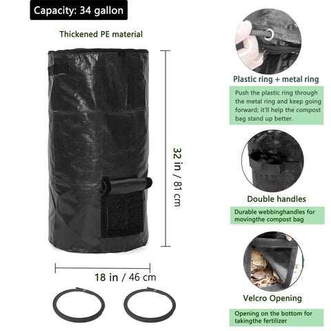 34 Gallon Outdoor Compost Bag For Garden Use Reusable Heavy Duty Collapsible Yard Waste Sack With Airtight Zippers Waterproof And Sun Resistant Easy Carry Handles For Leaves Organic Waste And Kitchen Scraps shown in black with double handles and velcro opening