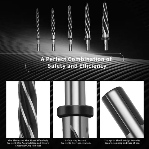 Pro Grade M2 HSS Tapered Reamer Drill Bit Set 5 Piece Precision Reamers For Metal Wood Plastic Non Slip Shank 5 Spiral Flutes