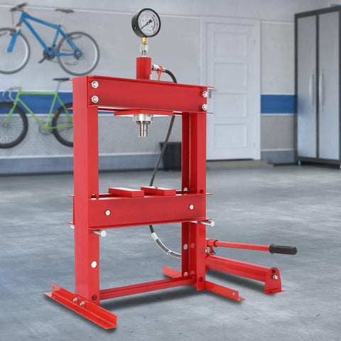 10-Ton Hydraulic Press For Metalworking And Automotive Repair on workbench, H-frame design, 3 height adjustments visible