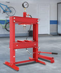 Rock Solid 10 Ton Hydraulic Benchtop Press Adjustable Height Worktable showing sturdy red steel frame with pressure gauge in garage.
