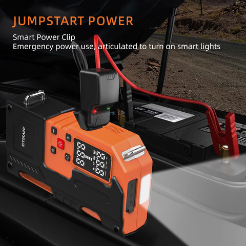 All In One Jump Starter With Air Compressor On The Go 4000A Portable Battery Pack connected to car battery