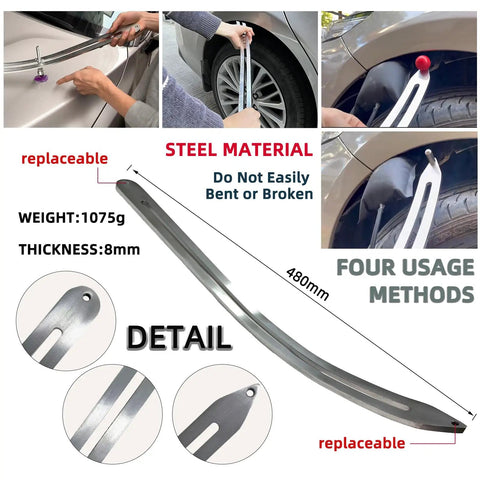 190 Piece Auto Body Dent Repair Tools Kit for Car Dings Repair showcasing steel dent rod and usage examples
