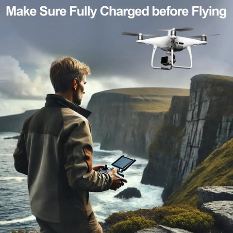 Person flying drone with controller, emphasizing Two Pack 5870mAh 15.2V Smart Flight Battery Kit With Charger For DJI 4 Pro V2.0.