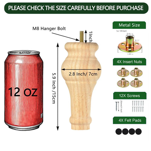 6 Inch Wooden Furniture Legs Bun Feet Set Of 4 With M8 Bolt Recessed Mounting, size comparison with 12 oz can
