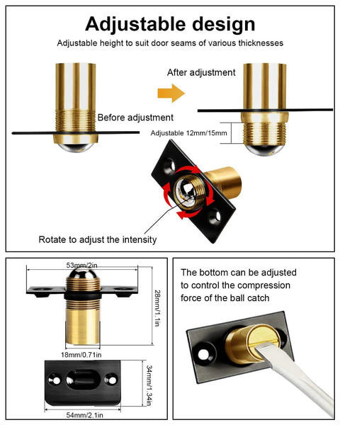 Invisible Drive-In Closet Ball Catch Hardware, 2 Pack Black Finish, adjustable ball latch diagram showing installation details