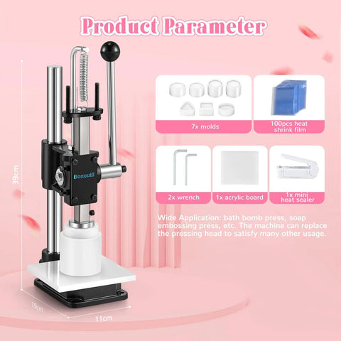No Sweat Bath Bomb Press Machine With Seven Round Molds For Effortless Diy Soaps And Luxury Spa Fizzies, shown with molds and accessories.