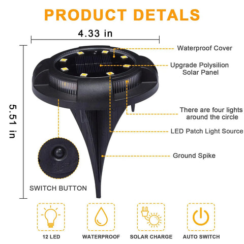 Solar Ground Lights Outdoor 12 Pack With 12 LED Disk Lights Waterproof In Ground Garden Pathway Lighting dimensions and details