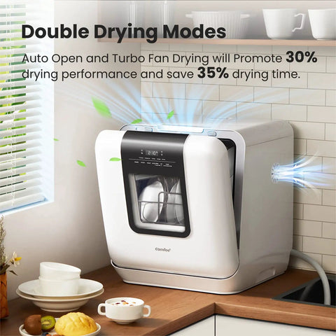 Slick Countertop Dishwasher With Built In Six Liter Water Tank, Portable Mini Cleaning Station Featuring Seven Custom Wash Cycles Uv Sanitization, Auto Open Dry Door And No Sweat Setup For Dorms, Rvs Or Tiny Kitchens, White, showing Auto Open drying mode with dishes inside.