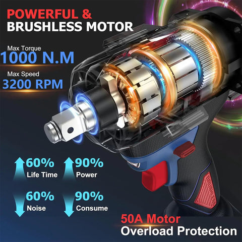 Husky 1/2 Inch Cordless Impact Wrench With Brushless Motor, internal view showing powerful motor and overload protection features.