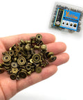 Top Shelf Bronze Button Stud Screws Kit Packs 36 Heavy Duty Rivets In Four Exact Sizes For Tough Leather Work And Badass Diy Builds Giving You A Slick Rust Proof Zinc Finish in hand.