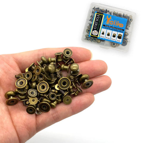 Top Shelf Bronze Button Stud Screws Kit Packs 36 Heavy Duty Rivets In Four Exact Sizes For Tough Leather Work And Badass Diy Builds Giving You A Slick Rust Proof Zinc Finish in hand.