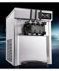 Commercial soft ice cream machine with stainless steel design, front view showing dispensing handles and digital controls.