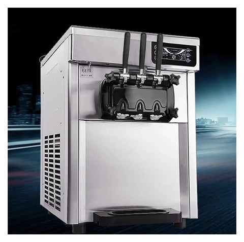 Commercial soft ice cream machine with stainless steel design, front view showing dispensing handles and digital controls.