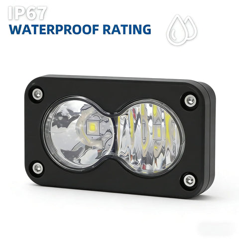 Close-up of Plug And Play Dirt Bike LED Headlight Kit With 20W Bright White Light 6000K To 6500K showing waterproof rating
