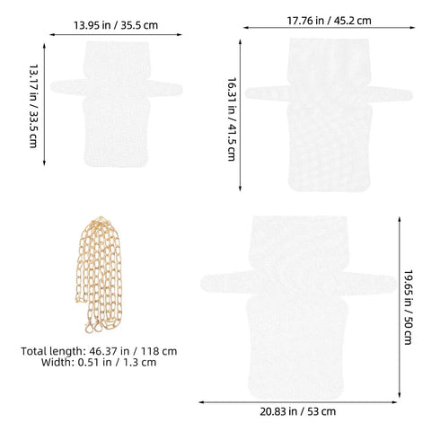 Three Sets Plastic Mesh Sheet Purse Making Kit With Metal Accessories For DIY Bag Crafting, Crochet, Quilting And Sewing Projects, Easy To Personalize And Create Dope, Unique Handbags, size chart with mesh sheets and chain