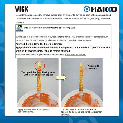 Instructional image showing desoldering wire use for No Clean Desolder Braid 3.0mm Wide 1.5m Length for SMD removal.