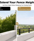 Heavy Duty Outdoor Privacy Fence Extension Frame With Flat Railing Guardrail Kit To Beef Up Your Backline And Level Up Patio Security Or Deck Perimeter, before and after height comparison.