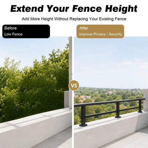 Heavy Duty Outdoor Privacy Fence Extension Frame With Flat Railing Guardrail Kit To Beef Up Your Backline And Level Up Patio Security Or Deck Perimeter, before and after height comparison.