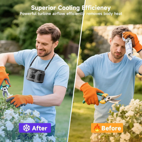 Man gardening with Beast Mode Portable Waist Fan With 20000mAh Battery 5 Speeds Hands Free Belt Clip Fan, showing before and after cooling.