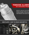 Full Aluminum Engine Oil Filter Housing And Oil Cooler Kit shown with durability comparison against OEM plastic.