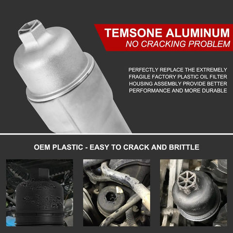 Full Aluminum Engine Oil Filter Housing And Oil Cooler Kit shown with durability comparison against OEM plastic.