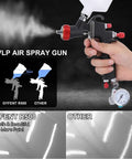 Top Tier LVLP Air Spray Gun Kit With Four Quick Swap Tips And A Roomy Six Hundred Milliliter Cup, held in hand, demonstrating fine atomization.