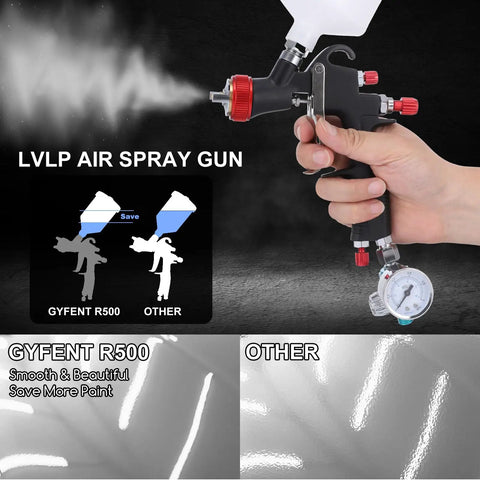 Top Tier LVLP Air Spray Gun Kit With Four Quick Swap Tips And A Roomy Six Hundred Milliliter Cup, held in hand, demonstrating fine atomization.