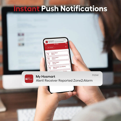 Person receiving push notification on phone for Pro 4 Smart Solar Driveway Alarm With 2.4G Wi Fi Real Time App Alerts And Motion Sensor Rechargeable Base Station 3 Day Battery Backup No Camera Up To Half Mile Wireless Range For Easy Home Perimeter Security No Fuss Setup