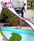 Man using Oversized Plastic Head Golf Set For Backyard Play With 2 Steel Shaft Chipping Clubs in office and poolside settings.