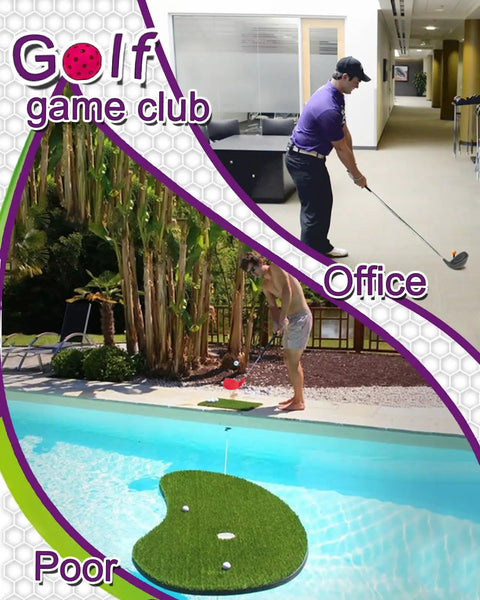 Man using Oversized Plastic Head Golf Set For Backyard Play With 2 Steel Shaft Chipping Clubs in office and poolside settings.