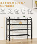 Four Tier Metal Shoe Rack Organizer, 33 Inch Wide With Four Side Hooks, Heavy Duty Shoes Shelf For Closet Front Door Garage Or Dorm, Black Finish, Fits 20 To 25 Pairs