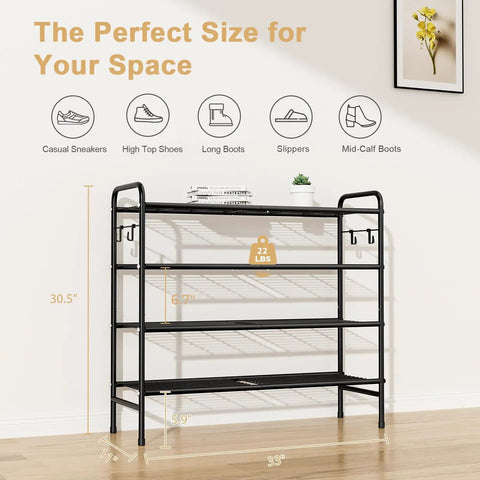 Four Tier Metal Shoe Rack Organizer, 33 Inch Wide With Four Side Hooks, Heavy Duty Shoes Shelf For Closet Front Door Garage Or Dorm, Black Finish, Fits 20 To 25 Pairs