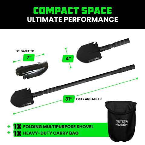 Survival Shovel With Pick For Off Road Camping And Beach Use, Heavy Duty Carbon Steel Entrenching Tool, folded and extended view