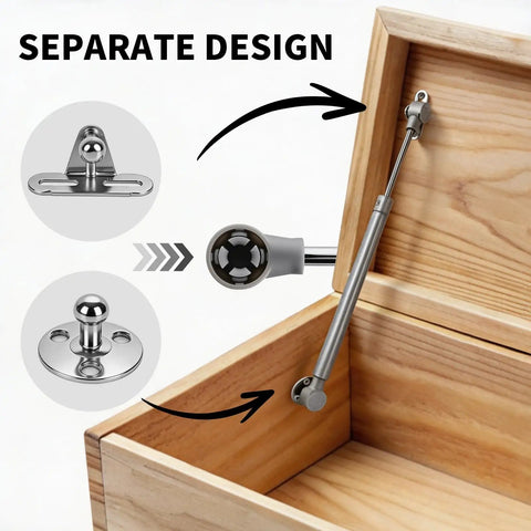 Two Pack Soft Close Toy Box Hinges With 150N Gas Strut Slow Close Safety Hinges For Heavy Curved Lids shown in open toy chest