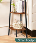 Deadly Solid 5 Tier Corner Bookcase With Heavy Steel Frame And Thick Rustic Wood Shelves showcasing three shelves with plants and books.