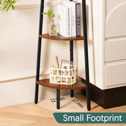 Deadly Solid 5 Tier Corner Bookcase With Heavy Steel Frame And Thick Rustic Wood Shelves showcasing three shelves with plants and books.