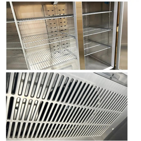 Interior view of Heavy Duty Commercial Freezer Two Door Upright Reach In Stainless Steel NSF Certified 47 Cubic Feet with shelves.