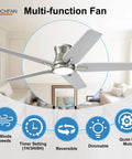 Slick 52 Inch Flush Mount Ceiling Fan With Bright Dimmable Lights And Wireless Remote in brushed nickel finish.