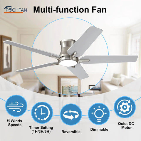 Slick 52 Inch Flush Mount Ceiling Fan With Bright Dimmable Lights And Wireless Remote in brushed nickel finish.