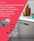 Circulation Pump For Dishwashers 154859201 Must Have Replacement Part shown next to a dishwasher