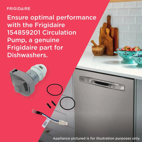 Circulation Pump For Dishwashers 154859201 Must Have Replacement Part shown next to a dishwasher