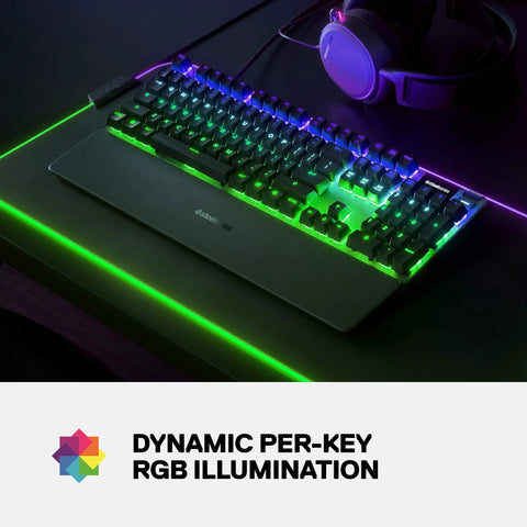 Top Tier Mechanical Gaming Keyboard Featuring Integrated OLED Display USB Passthrough Media Controls Heavy Duty Aluminum Housing Tactile Clicky Blue Switches Full Spectrum RGB Lighting For Gamers with vibrant RGB backlighting and sleek design.