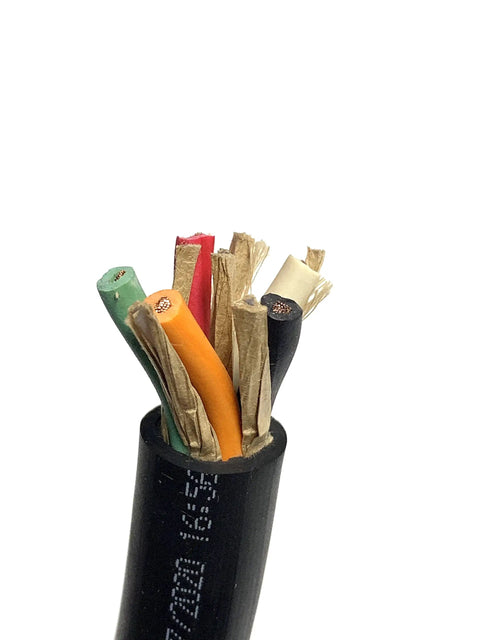 Kickin Heavy Duty 12AWG Five Conductors SOOW Portable Power Cable 600Volt Black 100Foot showing exposed inner conductors.