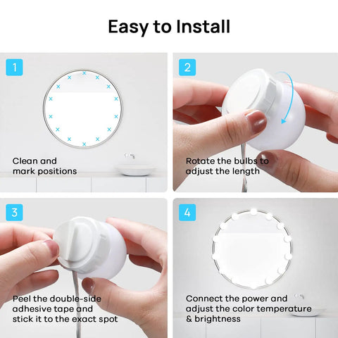 Installation steps for Hollywood Style Vanity Mirror Lights With 14 Dimmable Bulbs, 3 Color Temperature Settings, 9 Brightness Levels, USB Powered Stick On.