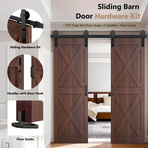 Heavy Duty Sliding Barn Door Hardware Kit With Door Hook And Two Handles For Double Doors, Smooth And Quiet Operation.